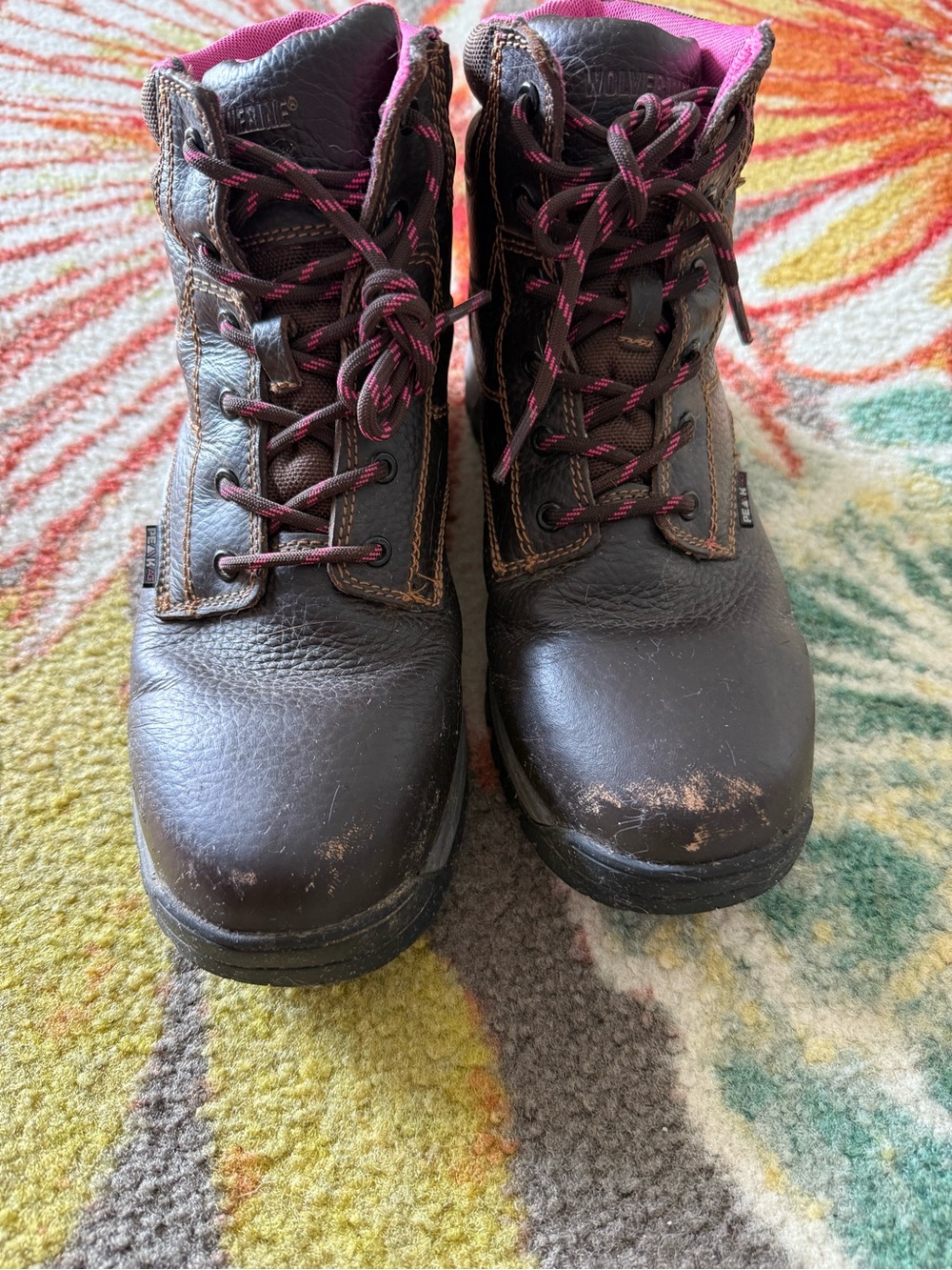 Women's  Wolverine Brown Work Boots with Pink Accent Lining  size 10W